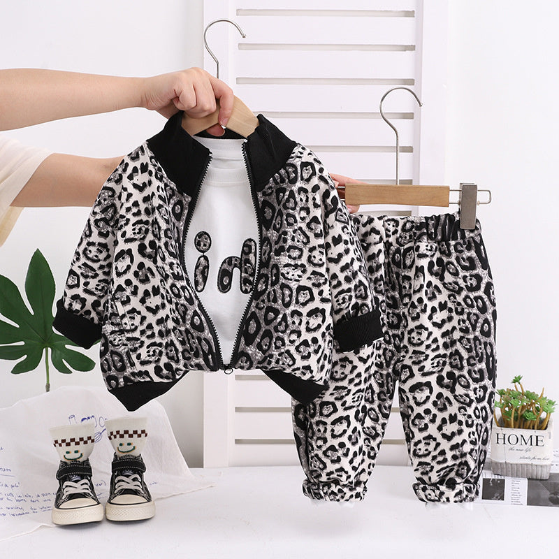 Boys' Clothing Baby Outfit Stand Collar Leopard Print Sports Two-Piece Set 2025 New Infant Spring Autumn Season 1 to 5 Years