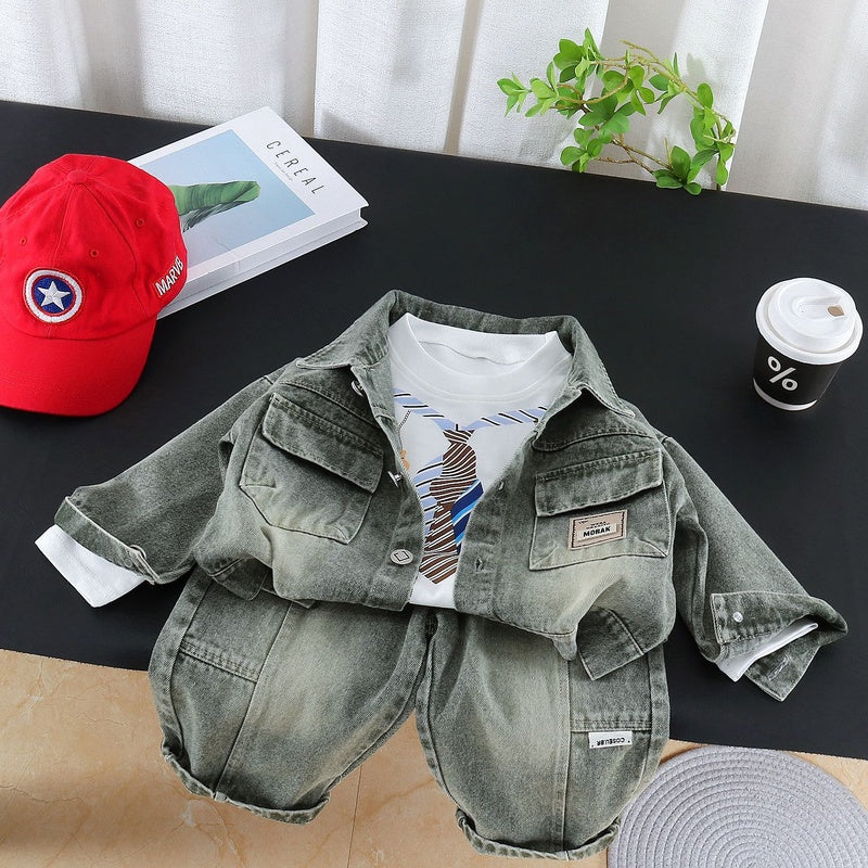 Boys' Outfit 2026 New Fashionable Spring and Autumn Baby Denim Pocket Jacket Casual Three-Piece Set Trendy