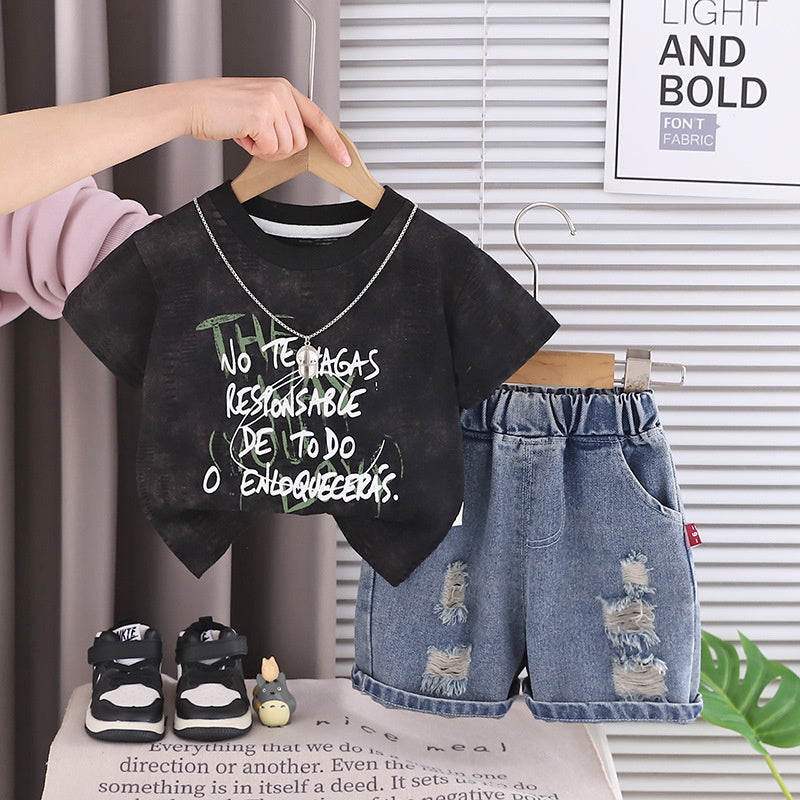 Stylish short-sleeve outfit baby boys, infant letter-print two-piece set, trendy summer suit for boys