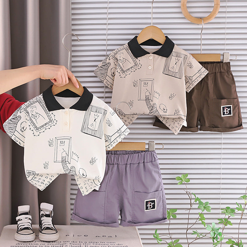 Boys' Outfit 2026 New Style Children's Summer Casual Lapel Graffiti Short Sleeve Two-Piece Set for Boys