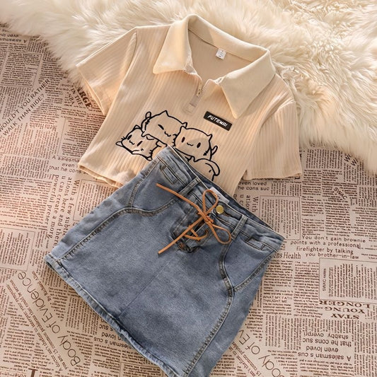 Girls' Sweet Style Streetwear Set Summer 2024 New Short POLO Collar Top and Denim Skirt Trendy Outfit
