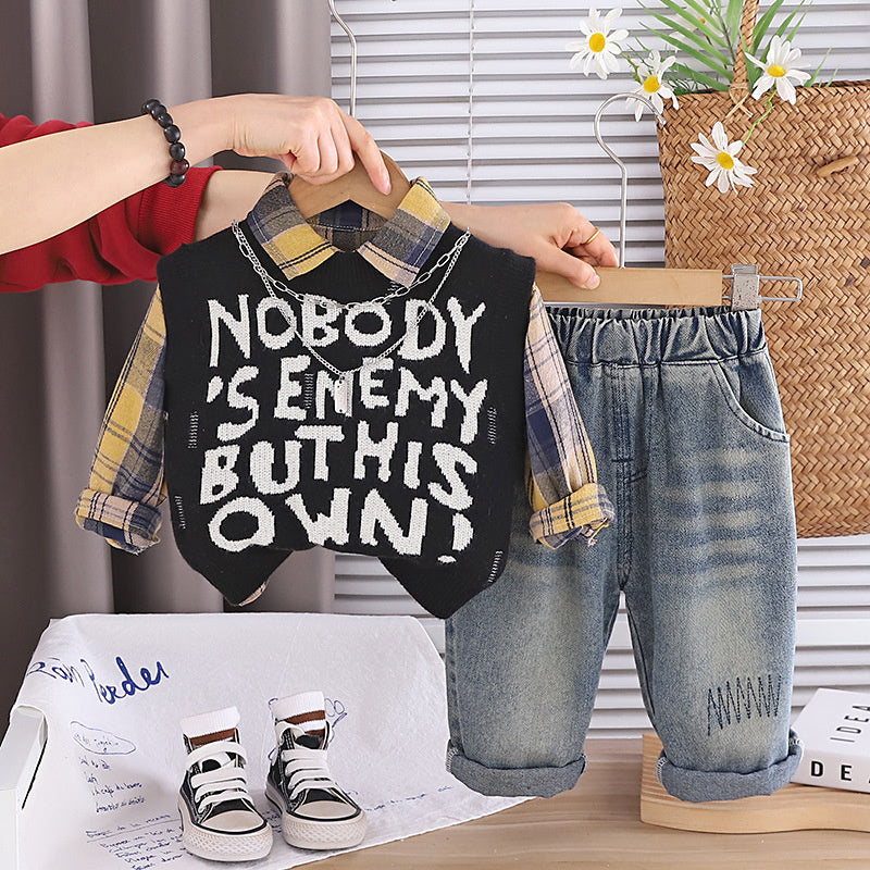 Baby clothes fashion Korean style full-body letter sweater three-piece set for one-year-old boys, trendy spring and autumn outfit