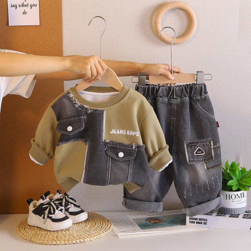 Boys' Sweatshirt and Autumn 2026 New Trendy Children's Sports Patchwork Clothes Baby Spring Set