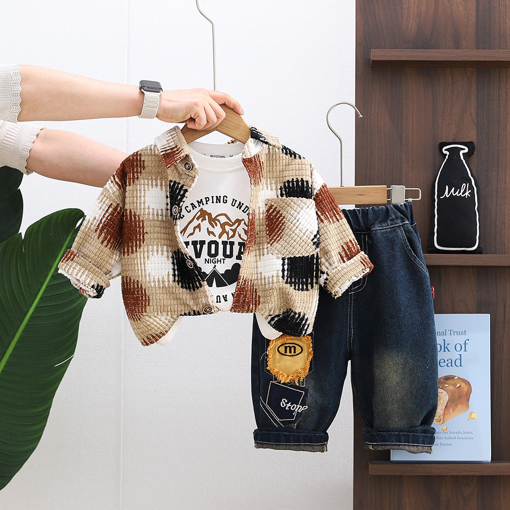 Boys' spring outfit set, clothing for boys aged 1-2-3 years, baby clothes, children's checkered shirt three-piece trendy set