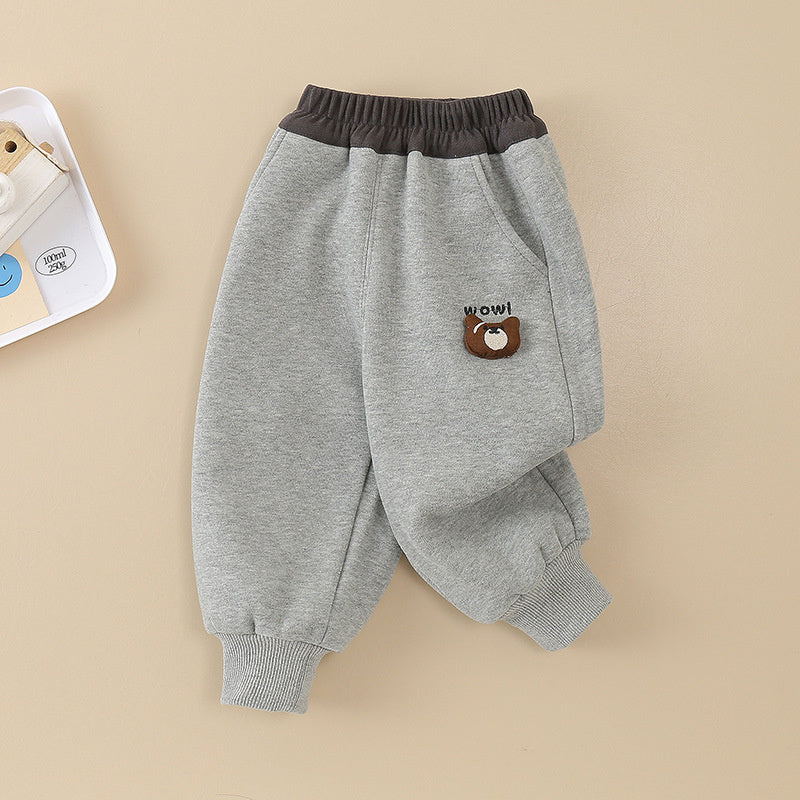 Baby Fleece-Lined Big Mouth Bear Autumn Winter Style Outerwear Boys Toddler Sweatpants Children's Sports Infant Long Pants