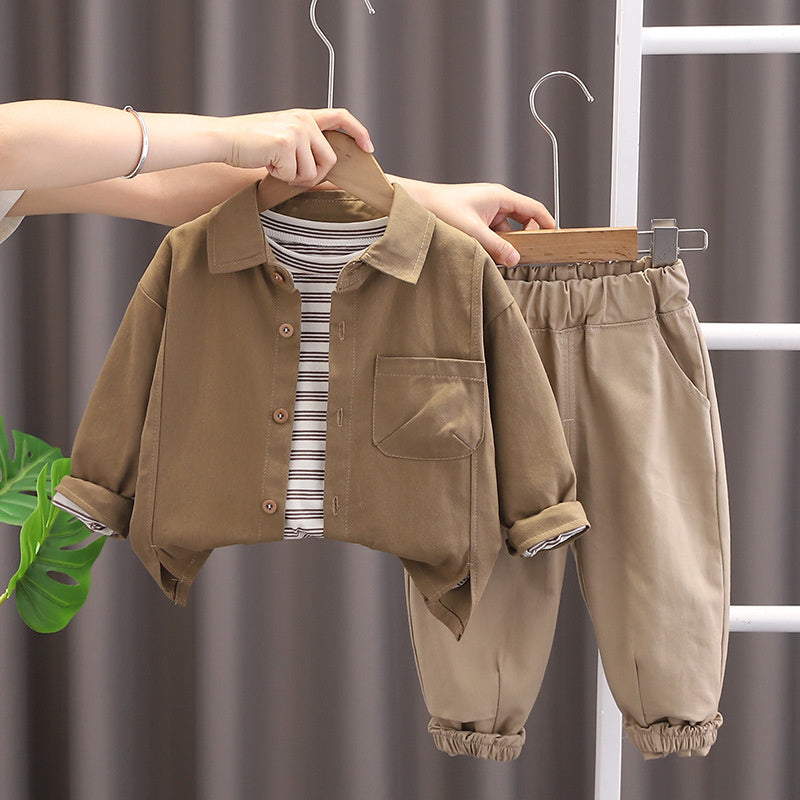 Boys' Outfit 2024 New Korean Style Children's Spring and Autumn Clothes Baby Solid Color Shirt Three-Piece Set Trendy