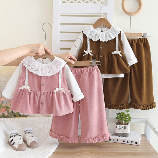 Girls' Outfit 2025 New Casual Spring and Autumn Stylish Clothes Baby Bowknot Vest Three-Piece Set