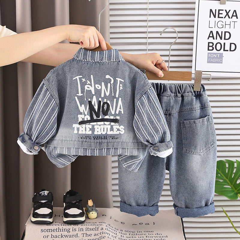 Boys' Spring and Autumn Casual Outfit 2026 New Style Baby Fall 1-3-5 Years Old Vertical Stripe Patchwork Denim Three-Piece Set Trendy
