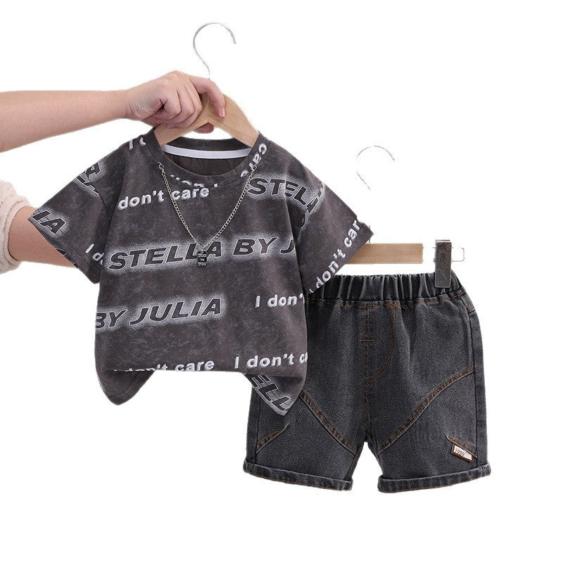 Baby children's clothing summer set, 2026 new stylish clothes for infants and toddlers, boys' two-piece short-sleeve set with letter necklace