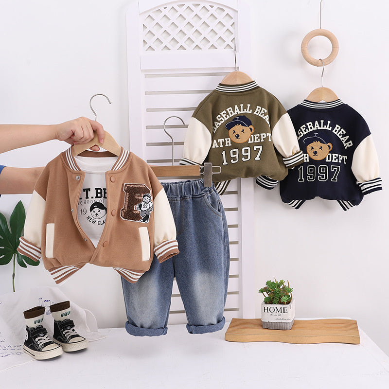 2025 New Little Boys' Spring and Children's Autumn Outfit Towel Embroidered Baseball Jacket Three-Piece Set
