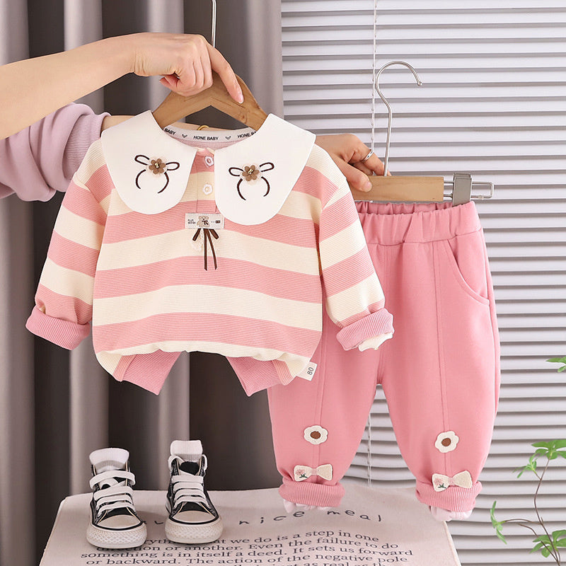 Girls' Sweatshirt 2026 New Baby Children's Clothing Spring and Autumn Outfit Striped Bow Two-Piece Set Trendy