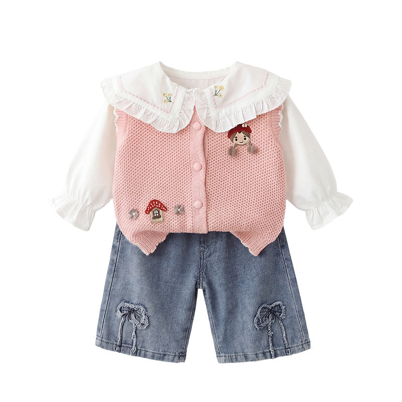 Girls' Spring and Autumn Long Sleeve Outfit 2026 New Baby Children's Clothing Cartoon Mushroom Sweater Three-Piece Set Trendy