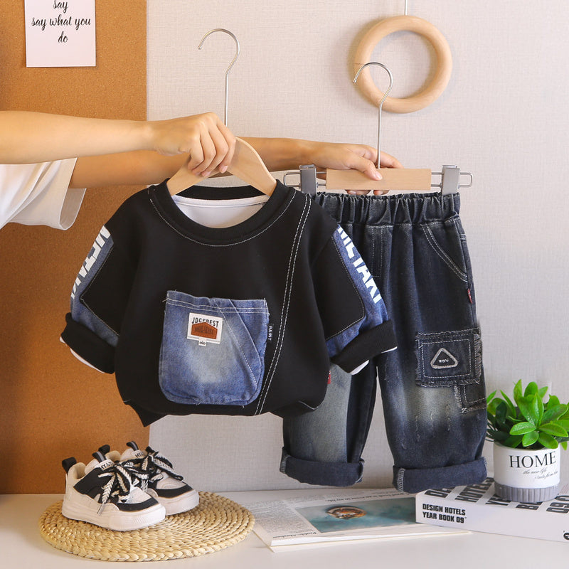 2026 New Spring Autumn Outfit Baby Boys: Denim Big Pocket Sweatshirt Set, Stylish Long-Sleeve Two-Piece Set for Infants and Children