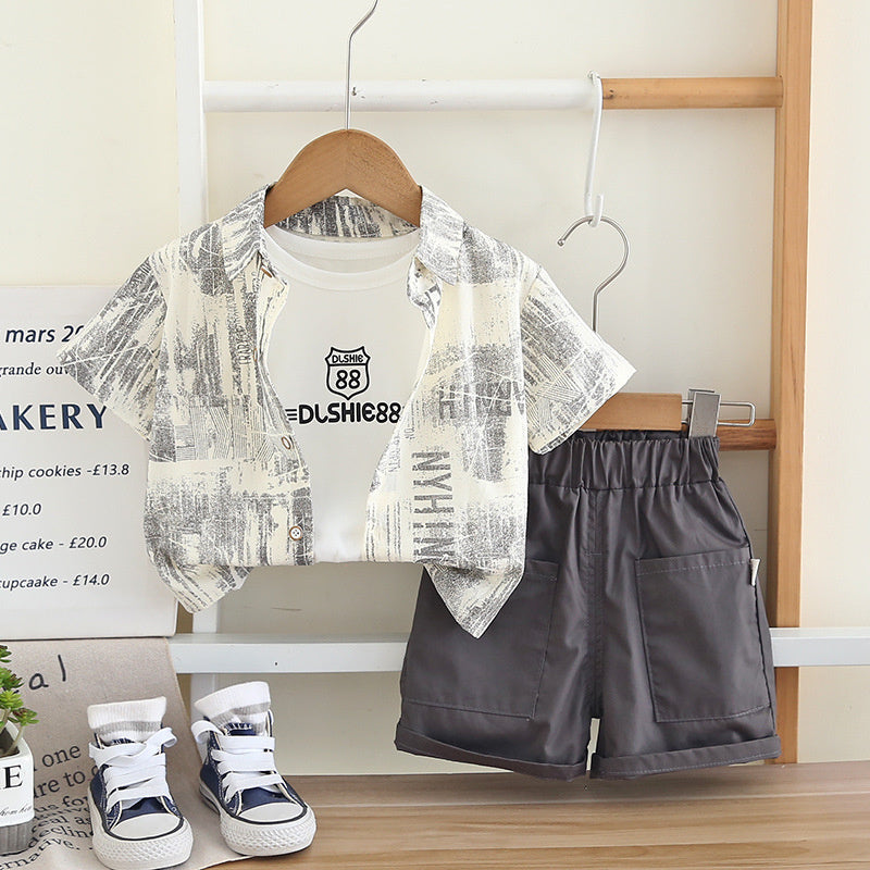 Boys' Summer Outfit 2026 New Model Children's Short-Sleeve Graffiti Letter Shirt Three-Piece Set for Boys 1-3 Years Old Trendy