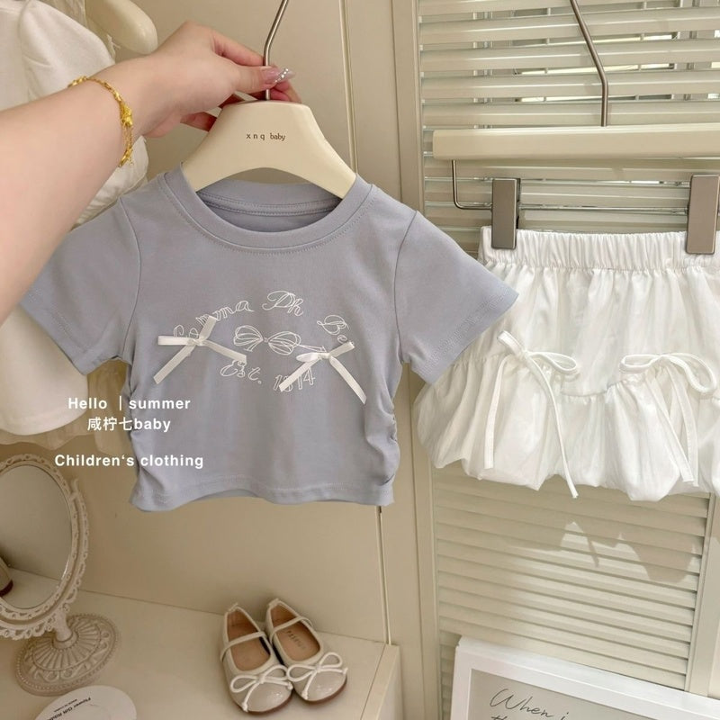 Girls' Korean-style outfit 2025 summer new children's bow short-sleeve T-shirt and skirt two-piece set
