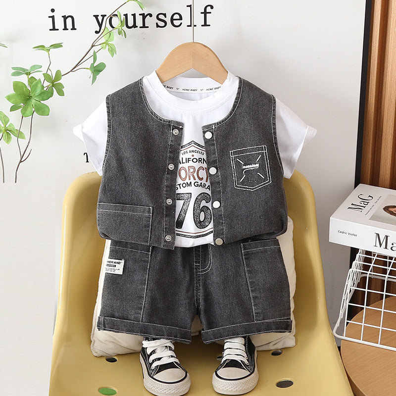 Boys' clothing 2026 new stylish casual summer outfit for toddlers, Korean-style sports denim vest three-piece set trendy
