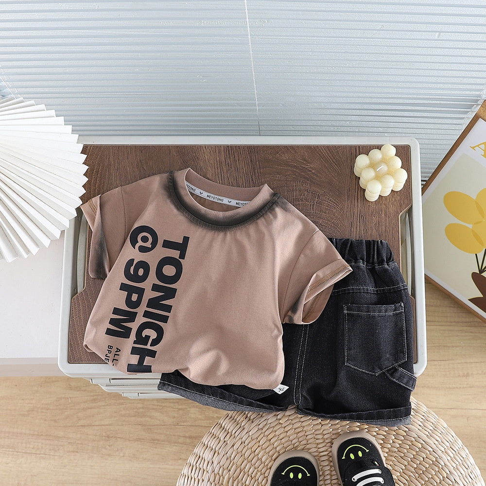 Boys' Outfit 2026 New Style Infant Summer Baby Boy Round Neck Letter Print Short Sleeve Two-Piece Set Trendy