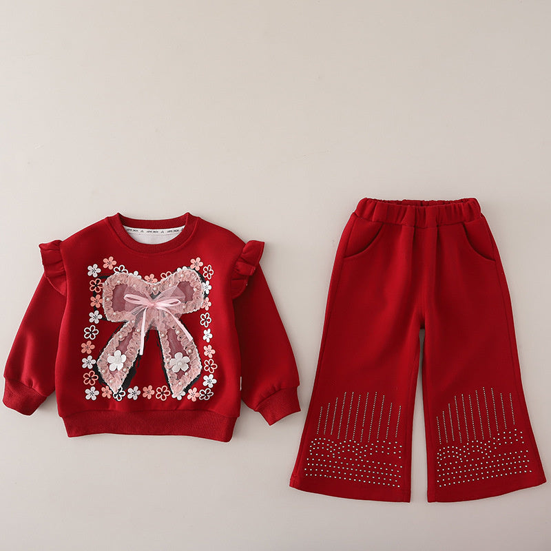 Girls' Outfit 2026 New Fashionable Baby Girl Clothes with Big Bow, Spring and Autumn Sweatshirt Two-Piece Set Trendy