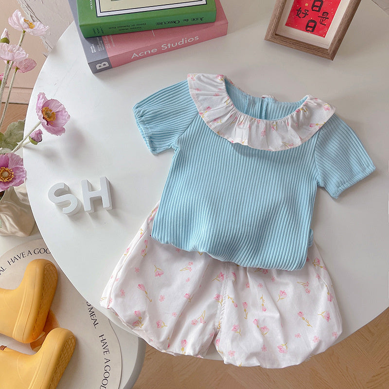 Girls' summer thin outfit, children's clothing in solid color with floral collar, short-sleeved clothes, stylish two-piece set for baby girls