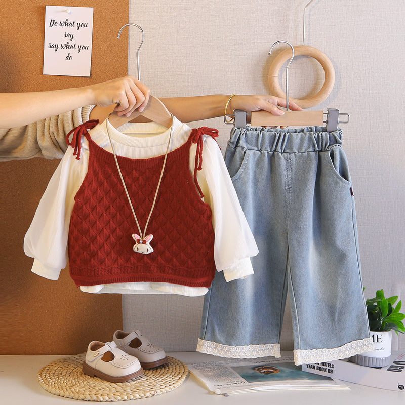 2026 Spring Outfit Baby Stylish Long-Sleeve Autumn Set for Girls, Knitted Vest, Sweater, and Camisole Three-Piece Set, Wholesale