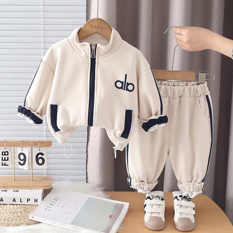 Children's Outfit Baby Sleeve Long Pants 2026 Spring and Autumn New Style Boys' Stand Collar Solid Color Letter Print Jacket Two-Piece Set