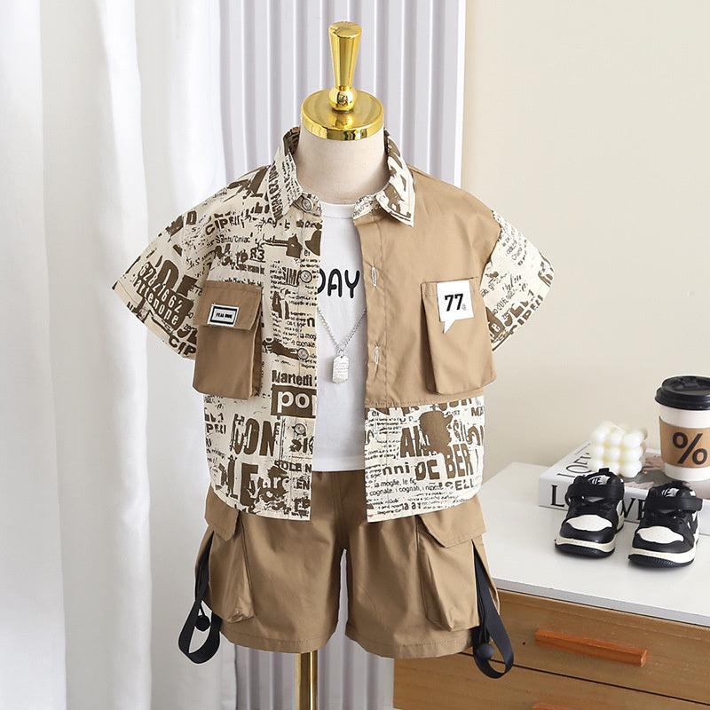Boys' Summer Short-Sleeve Three-Piece Set 2026 New Fashionable Children's Patchwork Top Shorts Cool and Stylish Baby Korean Version