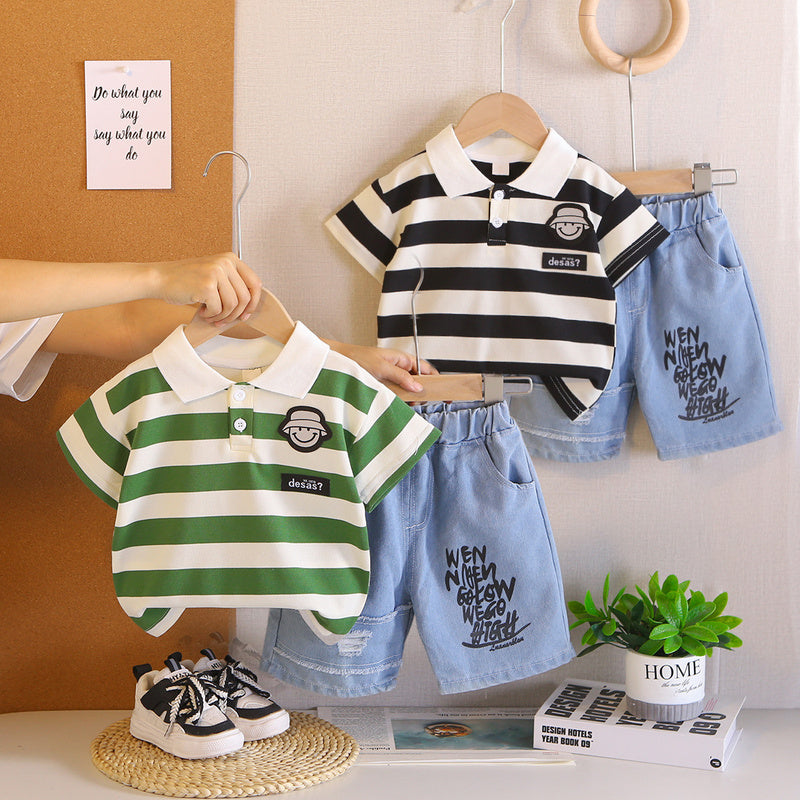 Boys' Short-Sleeve Set 2026 New Striped Hat Smiley Baby Summer Infant and Toddler Two-Piece Outfit