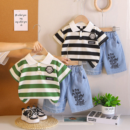 Boys' Short-Sleeve Set 2026 New Striped Hat Smiley Baby Summer Infant and Toddler Two-Piece Outfit