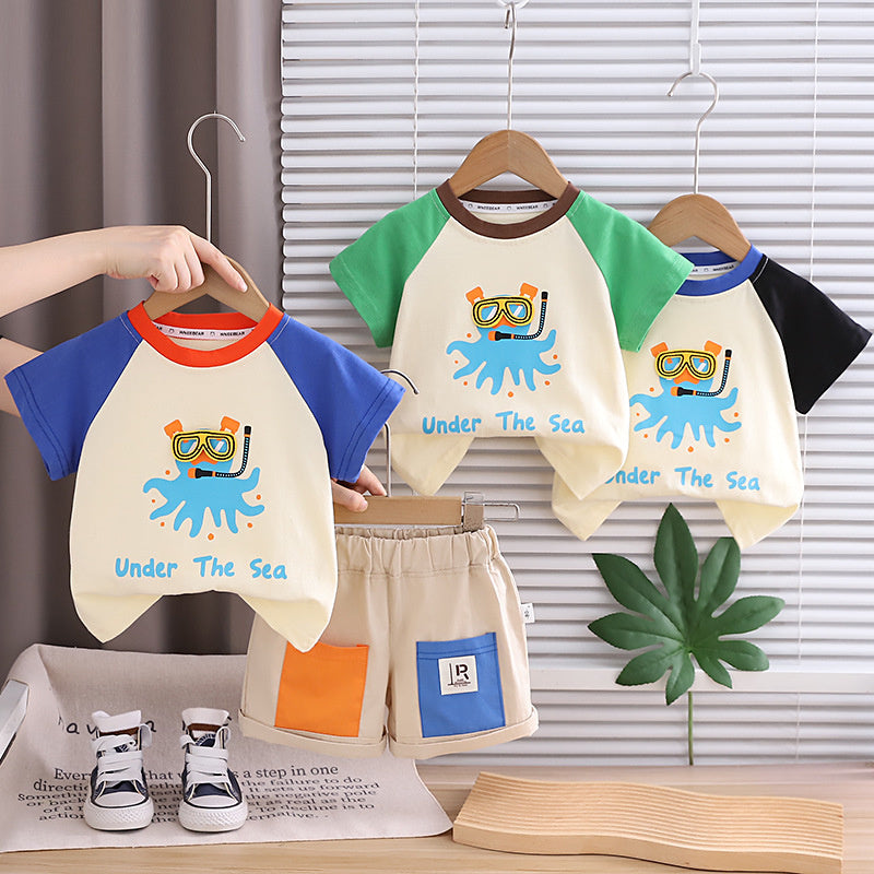 Boys' Short-Sleeve 2026 Trendy New Outfit Cartoon Raglan Sleeve Clothes Children's Summer Two-Piece Casual Set