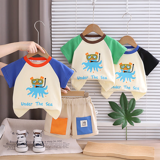 Boys' Short-Sleeve 2026 Trendy New Outfit Cartoon Raglan Sleeve Clothes Children's Summer Two-Piece Casual Set
