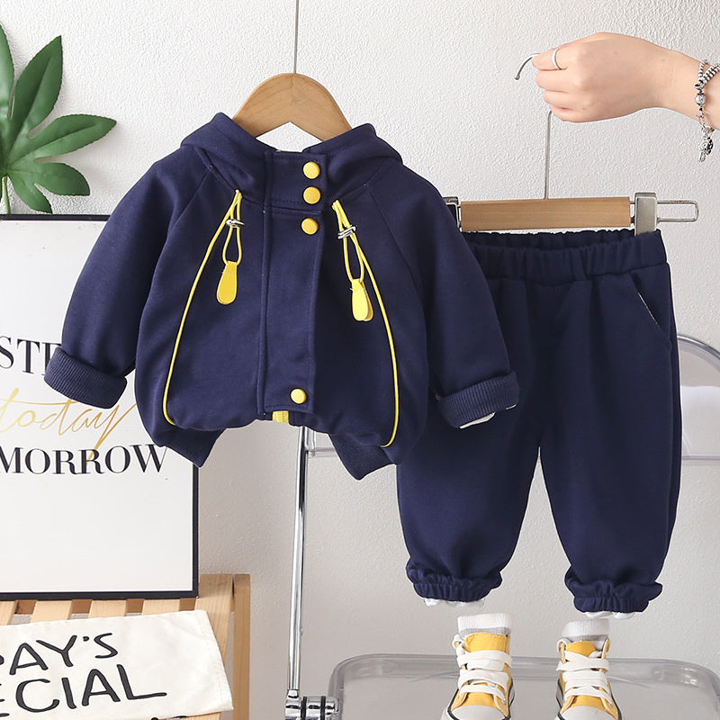 2026 Spring Autumn New Boys and Girls Striped Zipper Hooded Sports Solid Color Children's Clothing Three-Piece Set