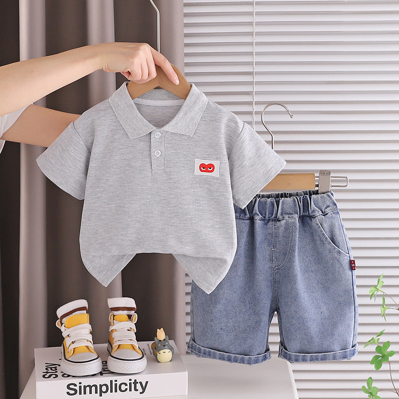 Boys' Outfit Set with Heart-Shaped Button Placket, Short Sleeve, 2026 New Model Children's Clothing for 3-Year-Old Boys, Summer Toddler Fashion
