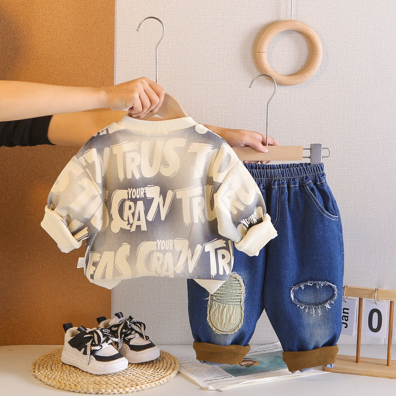 Boys' Outfit 2026 New Children's Spring and Autumn Long-Sleeve Round-Neck Pocket Bear Sweatshirt Two-Piece Set for Toddlers