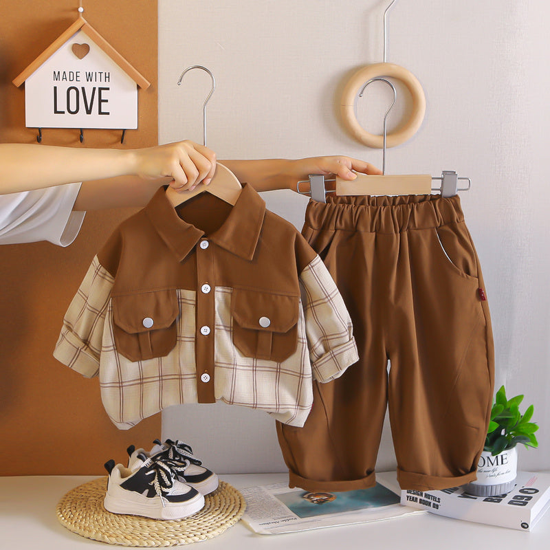 Boys' Outfit 2026 New Style Baby Spring-Autumn Workwear Color-Block Shirt Two-Piece Set Children's Trendy Autumn Clothes