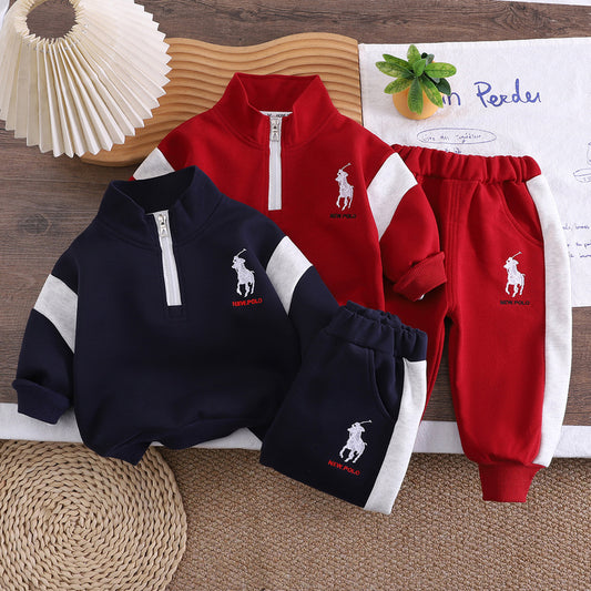 Boys' Outfit Set 2026, New Long-Sleeve Half-Zip Color-Block Two-Piece Set, Fashionable Baby Spring and Autumn Children's Trend