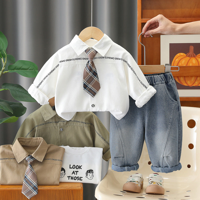 Boys' Spring and Autumn Suit 2026 New Fashionable Korean Style Casual Long Pants Tie Shirt Three-Piece Set Trendy