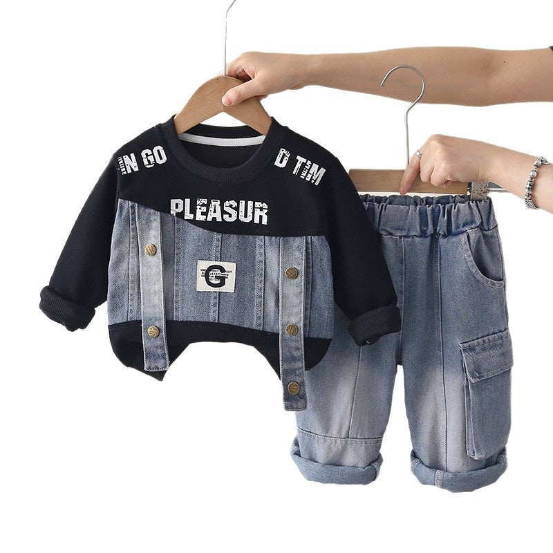Boys' Autumn Outfit Set 2026 New Fashionable Children's Long-Sleeve Denim Patchwork Sweatshirt Two-Piece Spring/Autumn Clothing Trendy