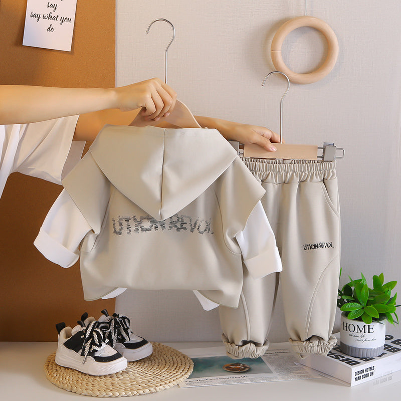 Boys' Spring and Autumn Outfit 2025 New Fashionable Solid Color Stylish Patchwork Large Pocket Hooded Vest Three-Piece Set