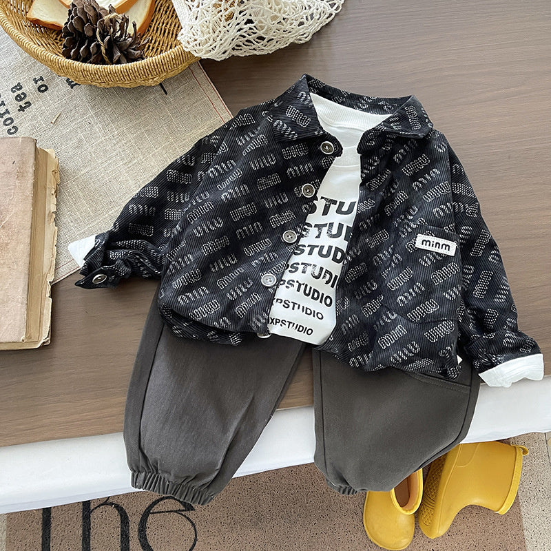 Boys' and Autumn Outfit 2026 New Children's Spring Printed Corduroy Three-Piece Set for Boys, Trendy Baby Clothes