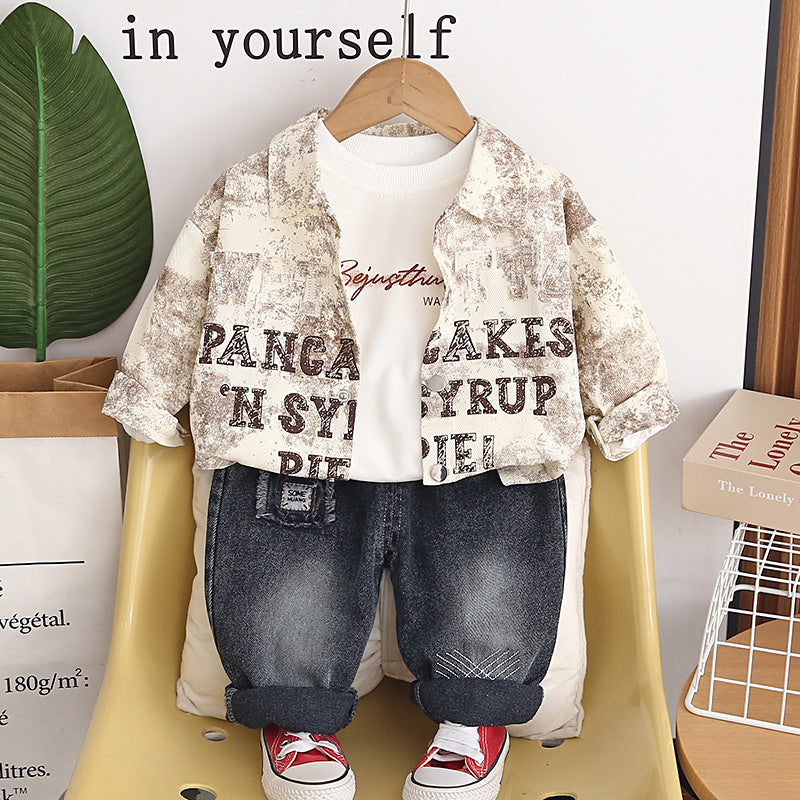 Baby Boy Spring and Autumn Outfit 2026 New Cute Infant Clothes Toddler Embroidered Letter Long Sleeve Three-Piece Set Trendy