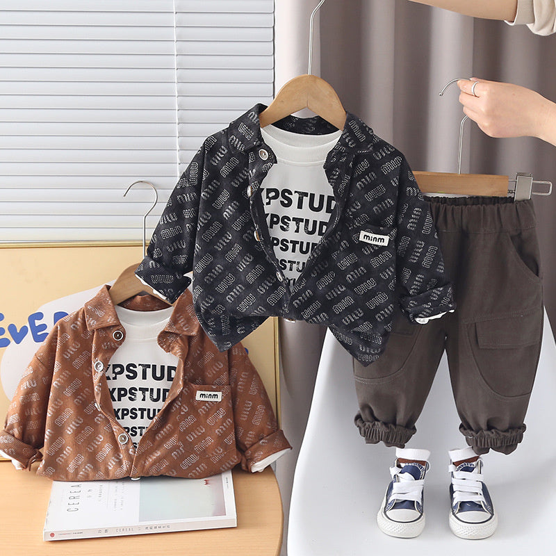 Boys' and Autumn Outfit 2026 New Children's Spring Printed Corduroy Three-Piece Set for Boys, Trendy Baby Clothes
