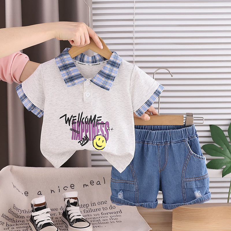 Boys' Outfit 2026 New Fashionable Baby Plaid Smiley Face Short Sleeve Two-Piece Set Children's Summer Clothing