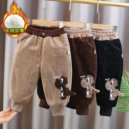 Boys New Warm Cotton Baby Cartoon Thickened Casual Children Winter Stylish Dinosaur Pants Trendy