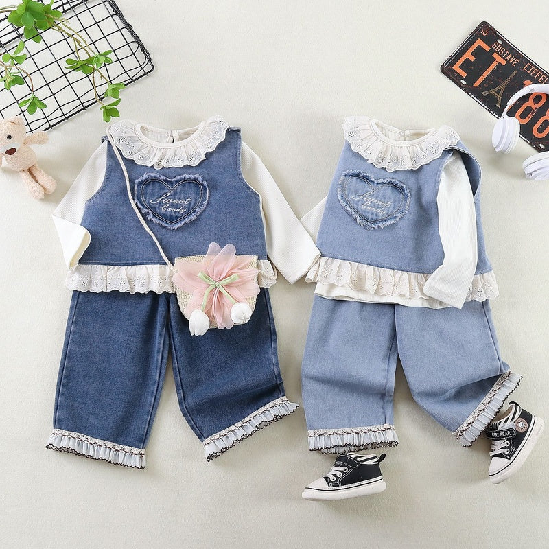 Girls' Outfit 2026 New Fashionable Clothes for Babies, Spring and Autumn Love Letter Denim Three-Piece Set