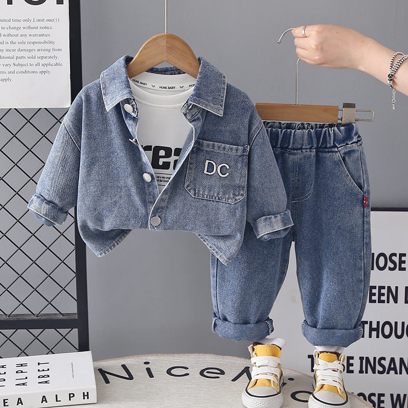 Boys' Spring and Outfit 2026 New Fashionable Casual Denim Three-Piece Set Children, Trendy Autumn Jacket for Babies