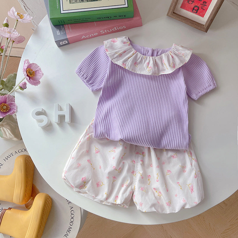 Girls' summer thin outfit, children's clothing in solid color with floral collar, short-sleeved clothes, stylish two-piece set for baby girls