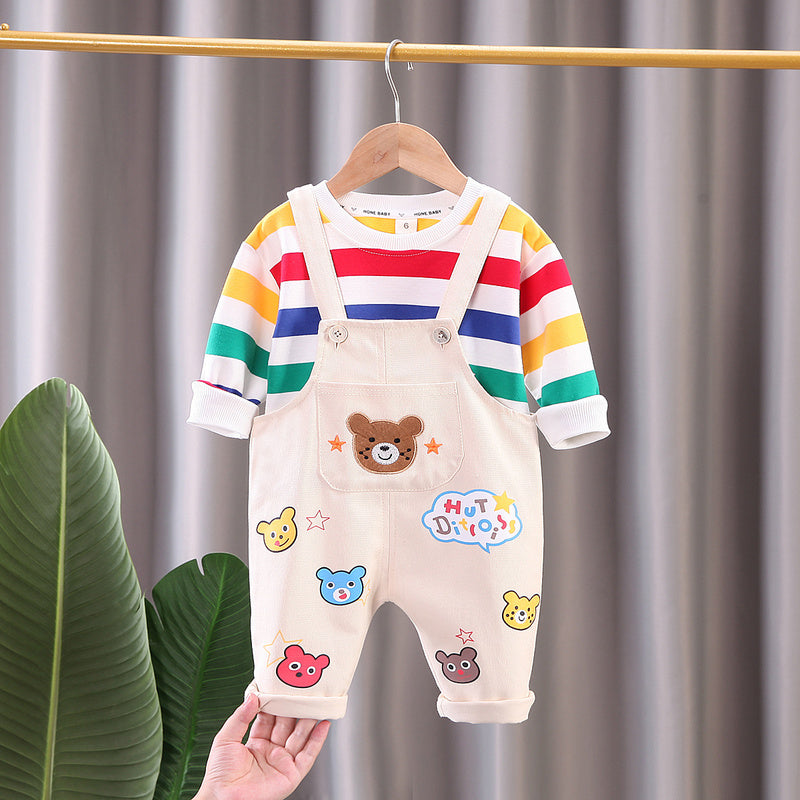 Spring New Boys' Fashion Street Style Full Print Bear Head Strap Two-Piece Set Trendy Long Sleeve Outfit Direct Sale
