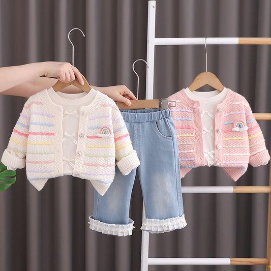 Girls' Outfit Spring and Autumn Colorful Sweater Cardigan Three-Piece Set Stylish for 2-Year-Old Girls 1-Year-Old Baby Girl Clothes