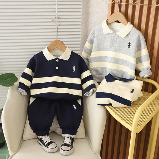 Boys' and Autumn Outfit Baby Spring Clothes Infant Children's Clothing New Embroidered Striped Polo Two-Piece Set for Boys