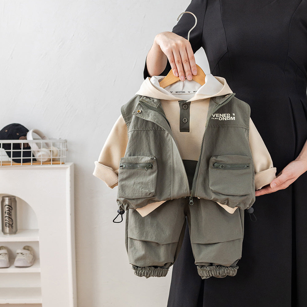 Stylish Boys' and Autumn Outfit 2026 New Spring Collection Baby Three-Piece Set with Double 3D Pocket Vest Trendy